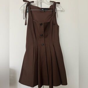 Zara Brown Button-Down A-Line Pleated Houndstooth Dress